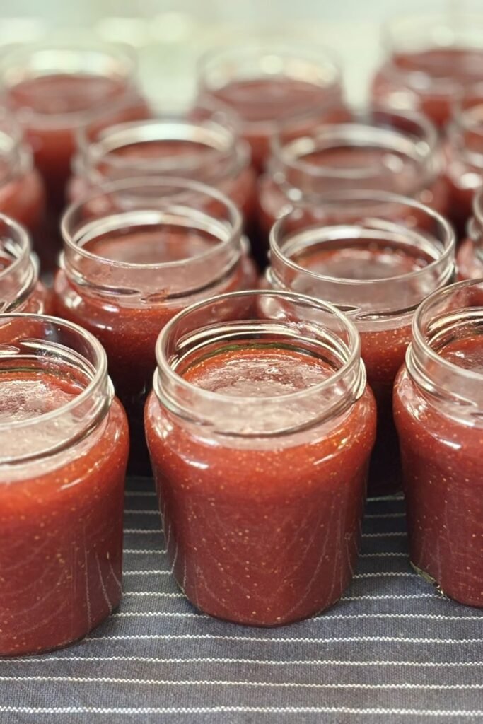 Zelfgemaakte aardbeienjam staat in jampotjes op een theedoek af te koelen.