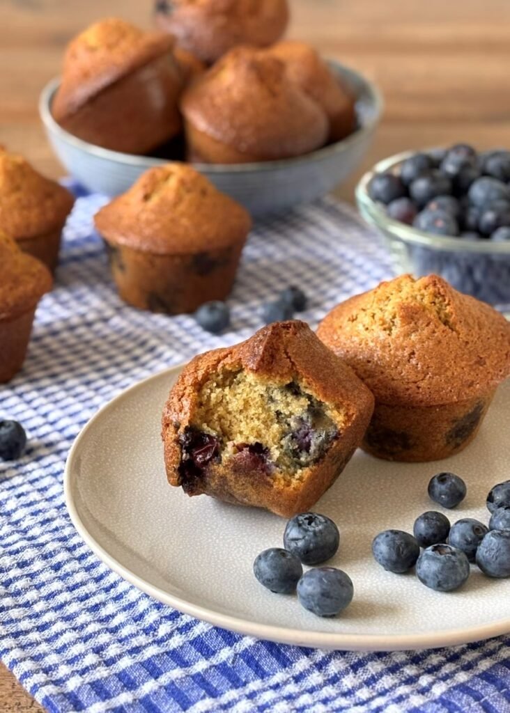 Versgebakken muffins met blauwe bessen liggen op een bordje klaar om opgegeten te worden