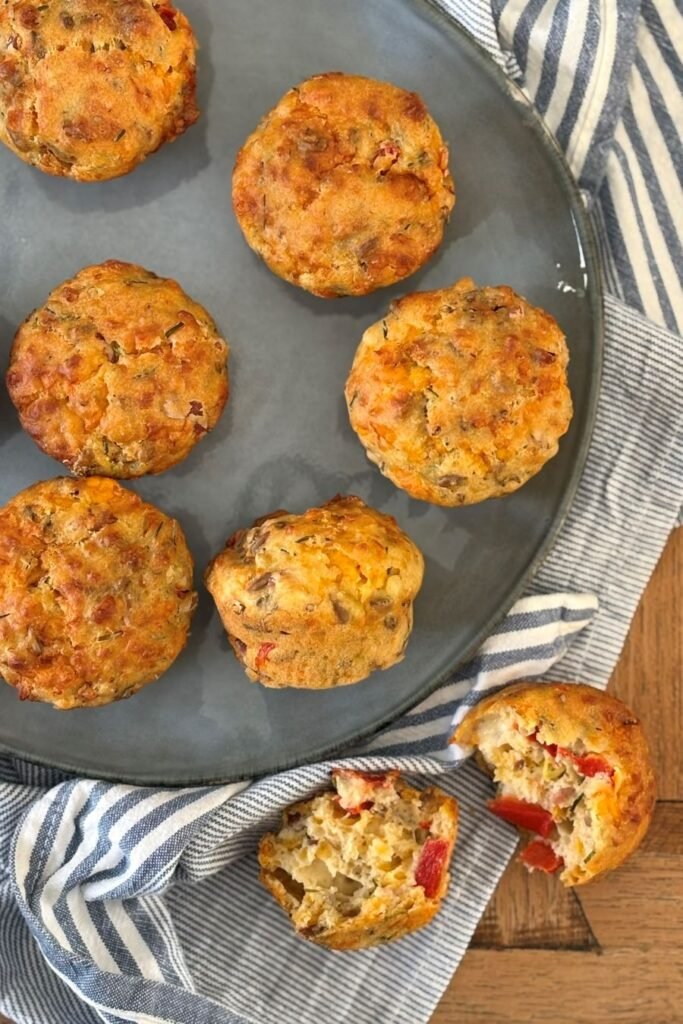 Hartige muffins met spek liggen op een blauwe serveerschaal