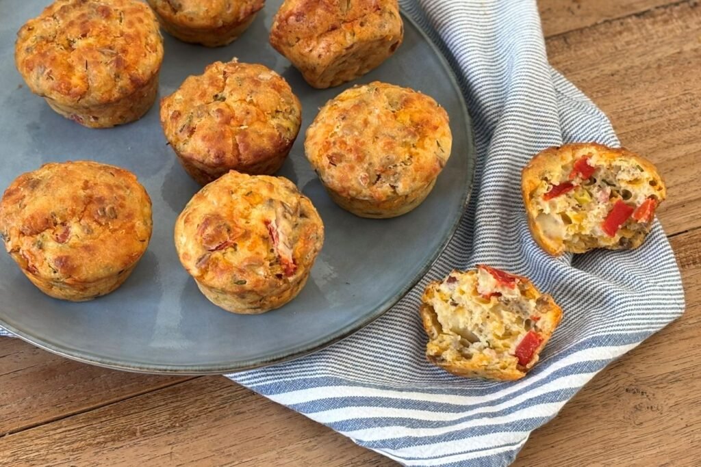 Hartige muffins gevuld met geroosterde paprika, feta, geraspte kaas, olijven en lente uit liggen op een blauw serveer bord naast een blauw gestreepte theedoek